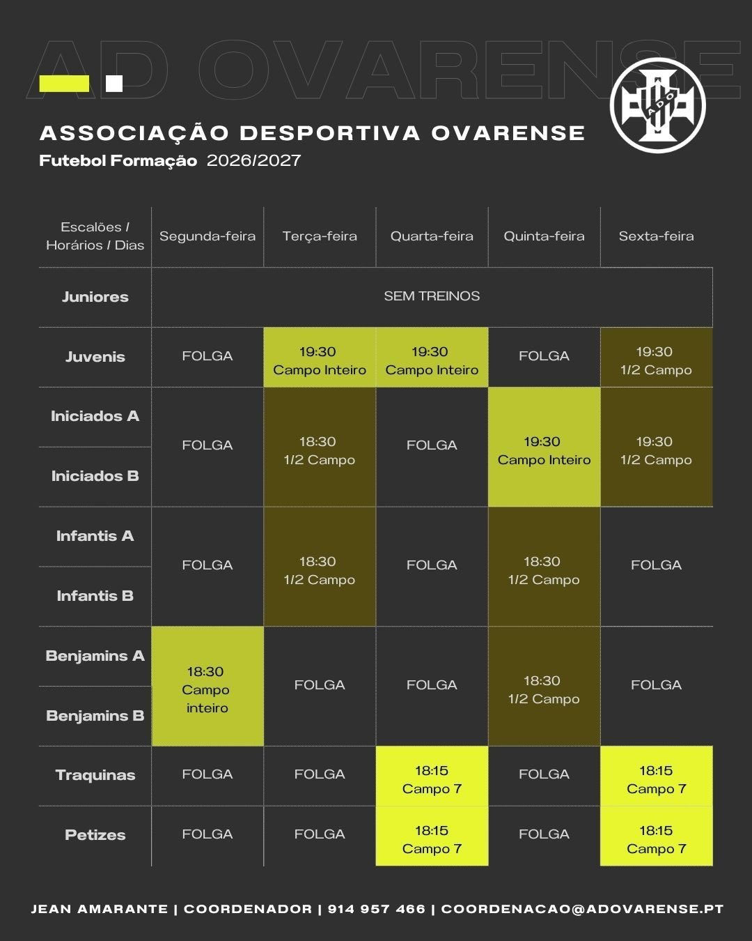 Training schedule table by age group and day of the week